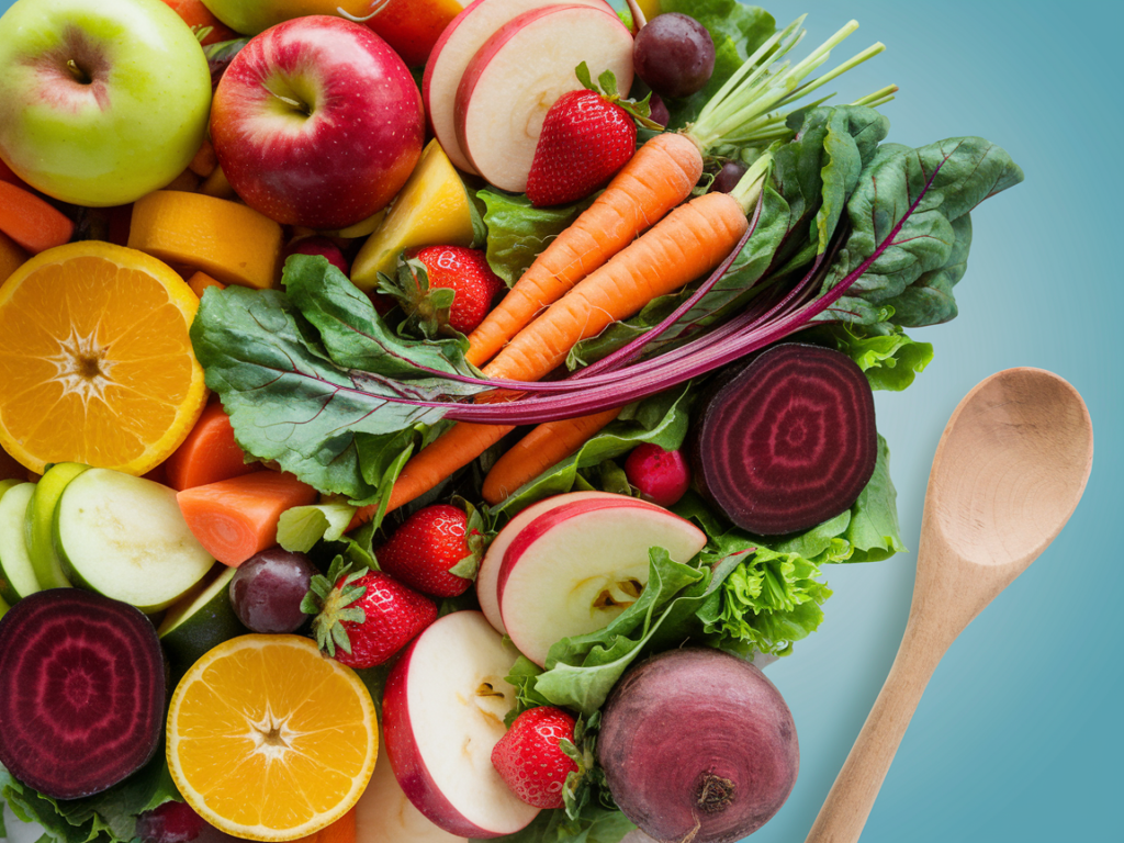 "A colorful plate filled with a variety of healthy foods, including fruits, vegetables, whole grains, and lean proteins, representing the concept of balanced nutrition and healthy eating."