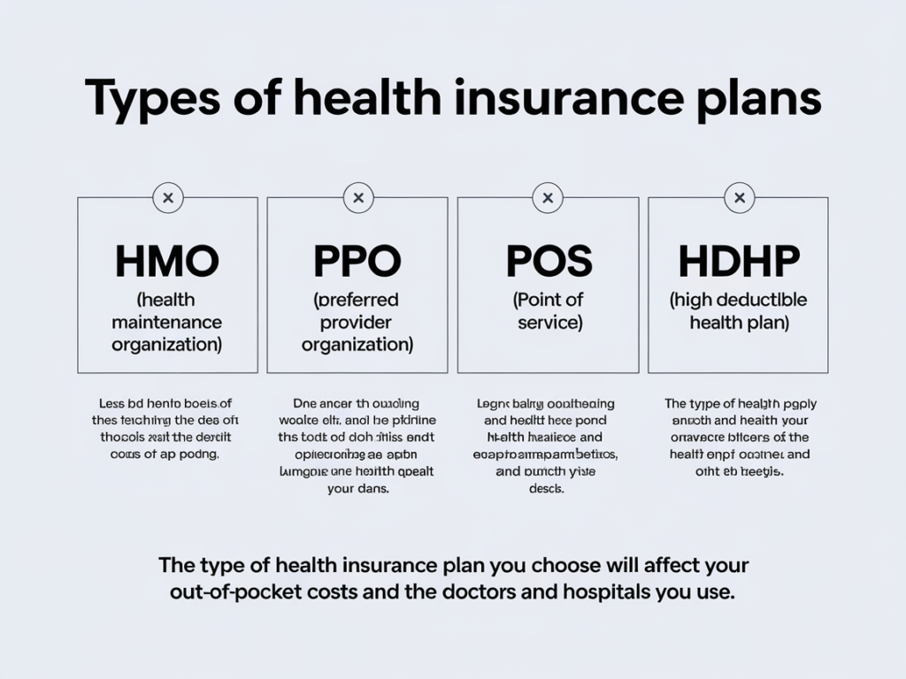 "Infographic depicting different types of health insurance plans, including HMO, PPO, EPO, and Medicare, highlighting their features and benefits."