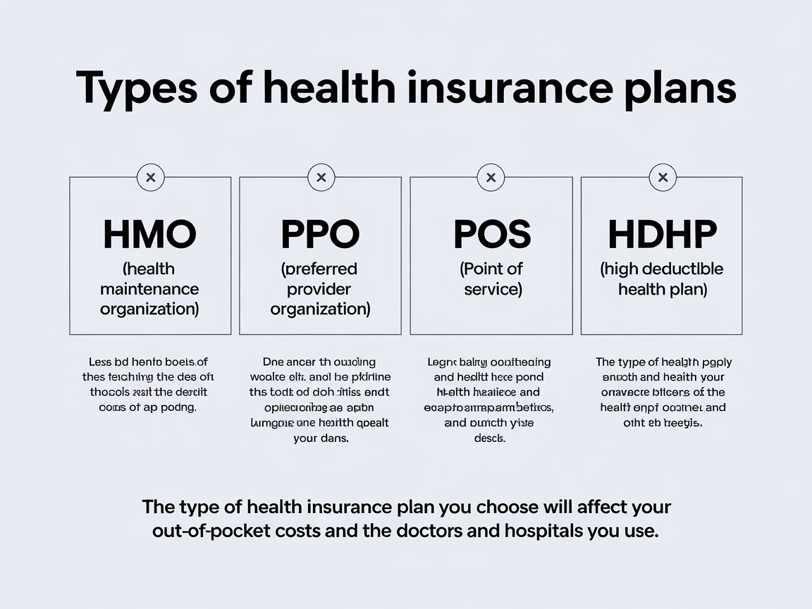 "Infographic depicting different types of health insurance plans, including HMO, PPO, EPO, and Medicare, highlighting their features and benefits."