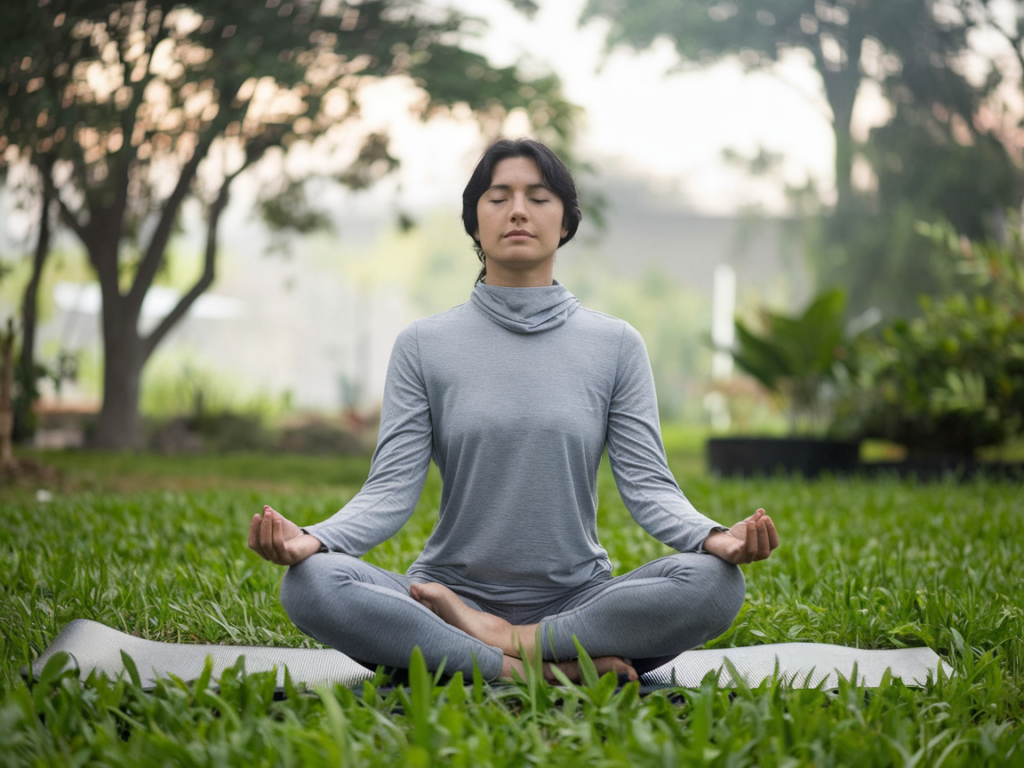 "A serene yoga session in nature promoting relaxation and mindfulness."