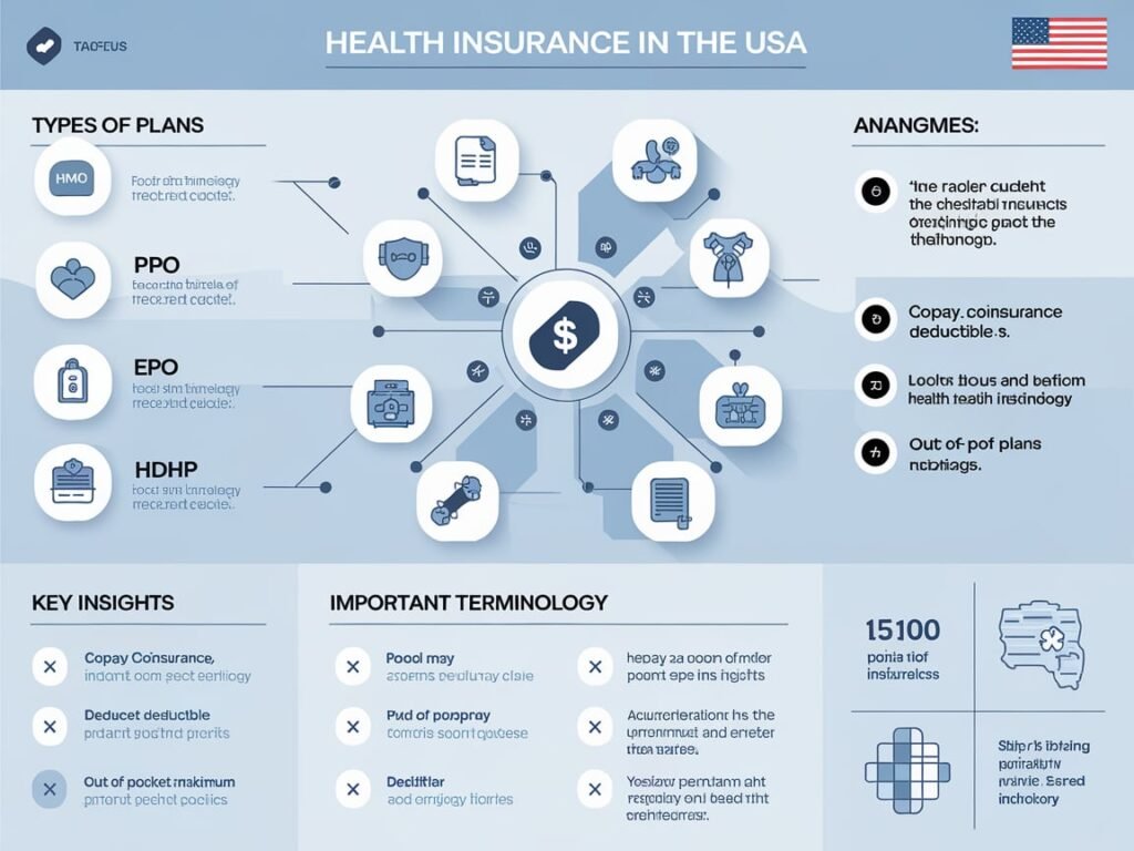 "Infographic illustrating key insights about health insurance in the USA, including types of plans and important terminology."