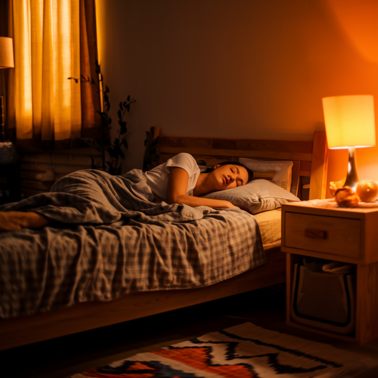 "Person sleeping peacefully in a cozy bedroom."