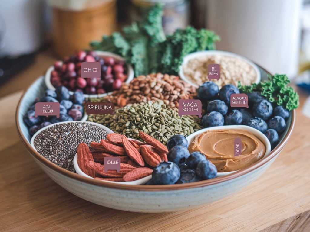 "A colorful assortment of superfoods including berries, leafy greens, quinoa, and nuts arranged on a wooden table."