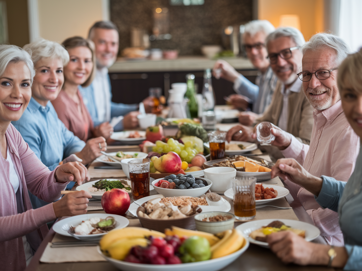 "Colorful plate of fruits, vegetables, and lean proteins promoting healthy aging."