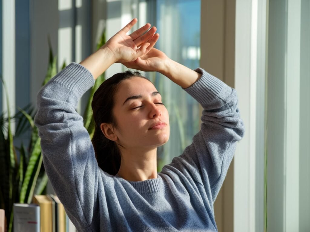 "A person practicing a 10-minute morning routine for a productive and healthy day, including stretching, hydration, and mindfulness."