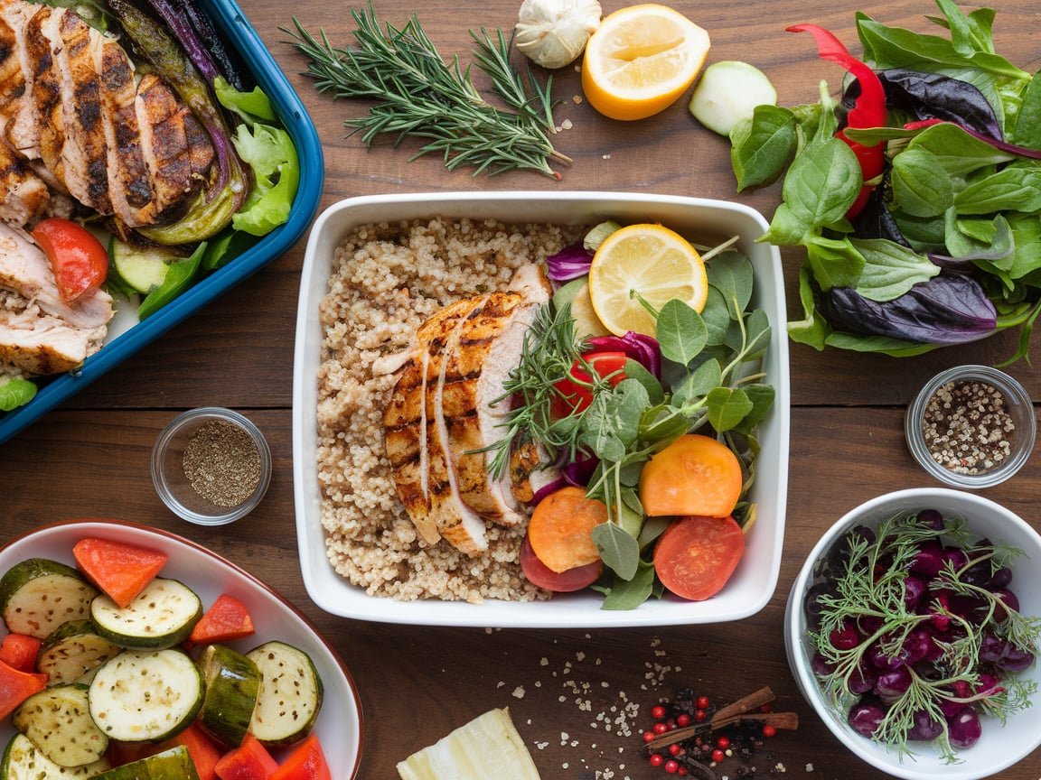 "Meal prep containers filled with vibrant fruits, vegetables, and grains for a healthy diet."