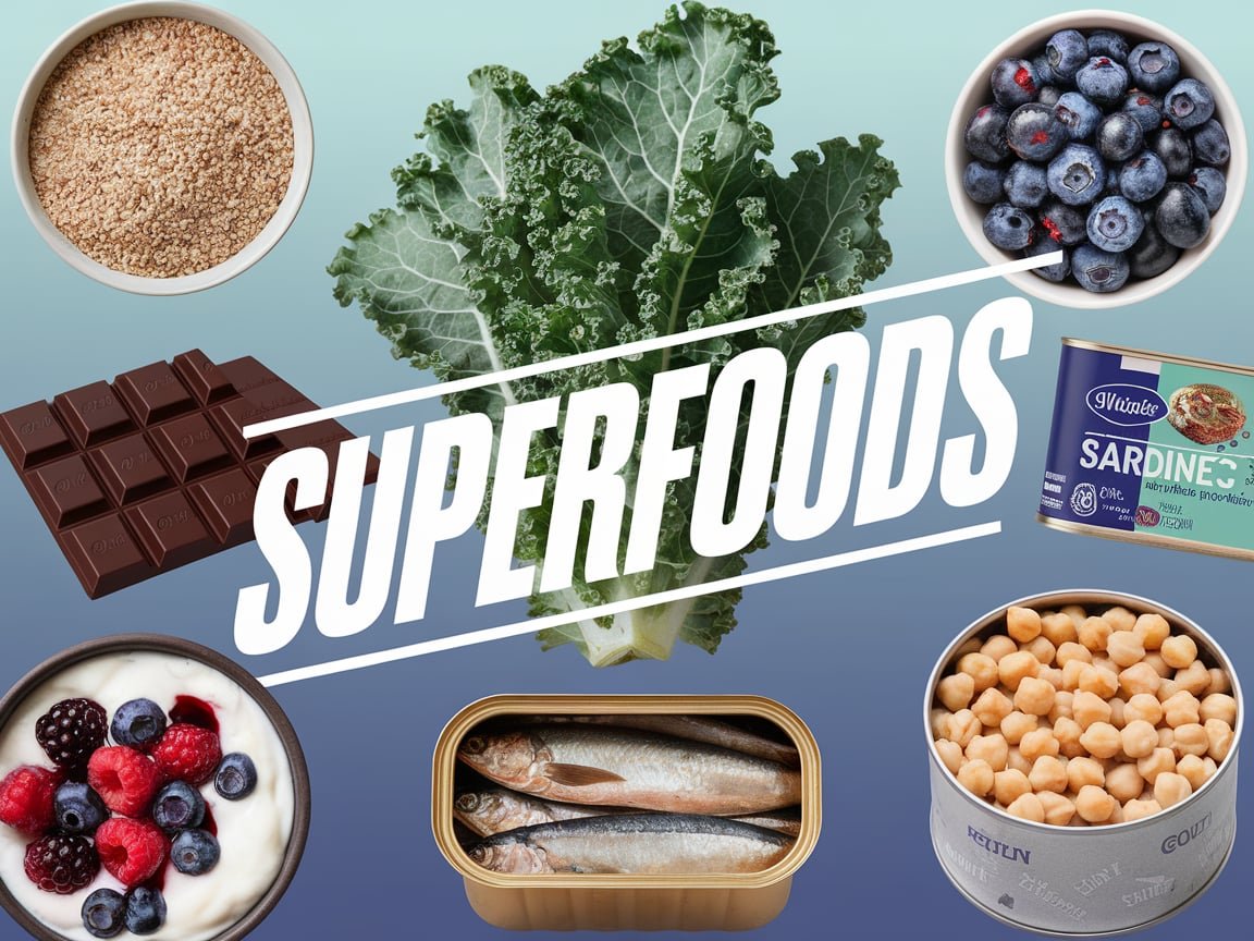 "A variety of superfoods including blueberries, kale, and avocado on a wooden table."