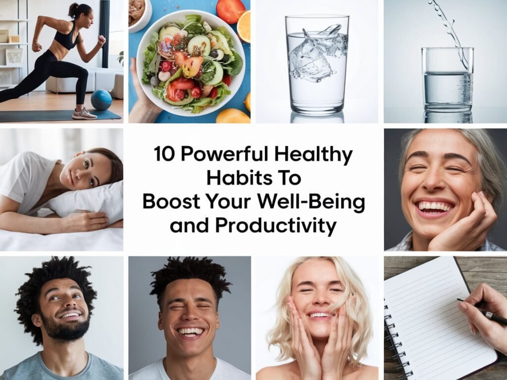 "Healthy habits: a person journaling about gratitude, drinking water, and exercising outdoors as part of a balanced lifestyle."