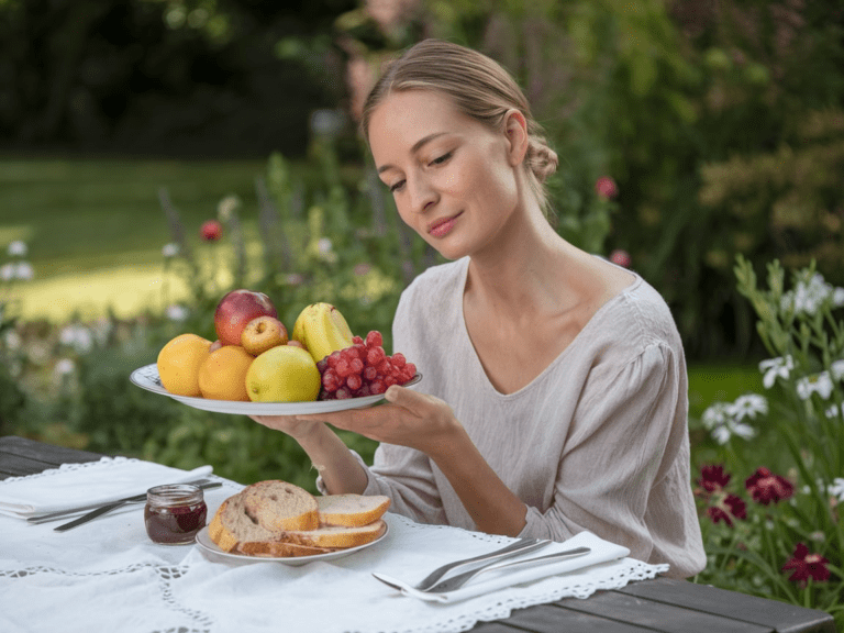 "Person practicing mindful eating by savoring a colorful, healthy meal."