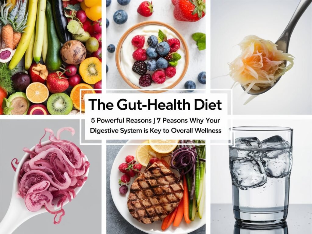 "Healthy foods for gut health, including fruits, vegetables, and fermented items, promoting better digestion and overall wellness."