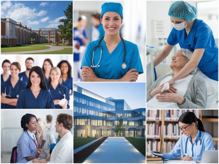 "Students in nursing uniforms attending a lecture, with a focus on the benefits of studying nursing in the UK, including expert training, global opportunities, and career growth in healthcare."