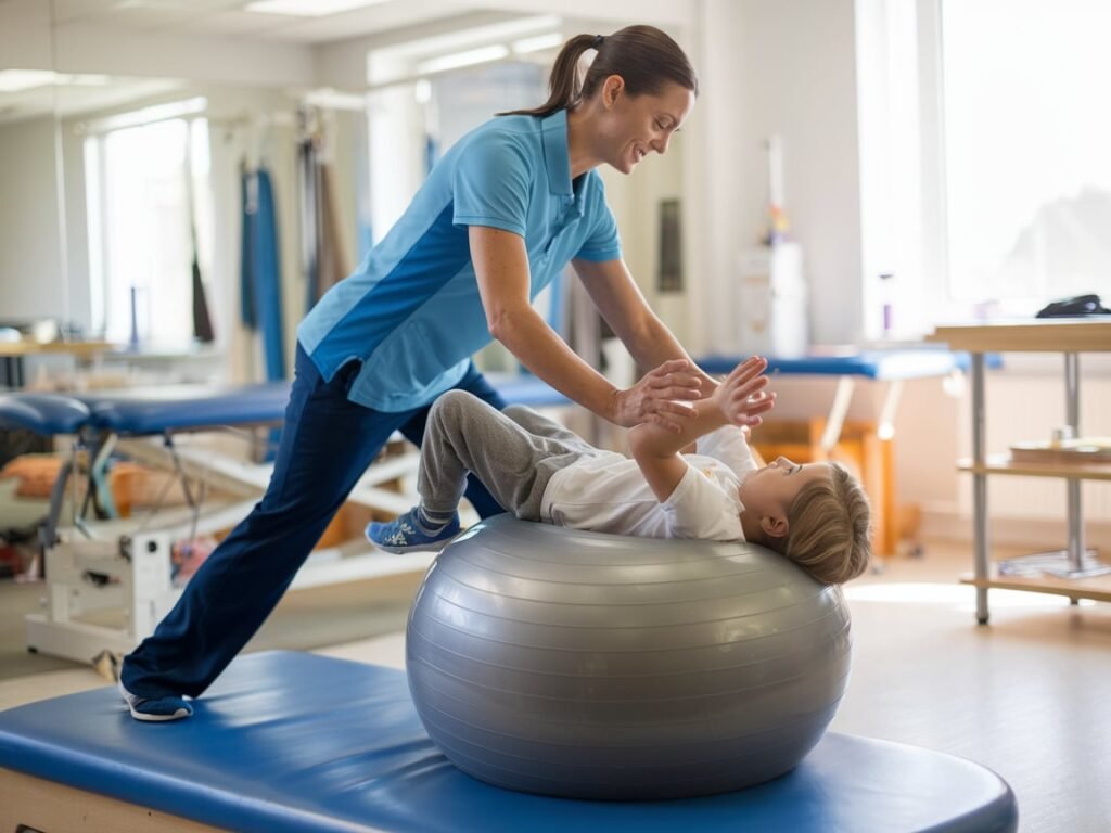 "Child receiving full-body physiotherapy to improve strength, mobility, and overall health."